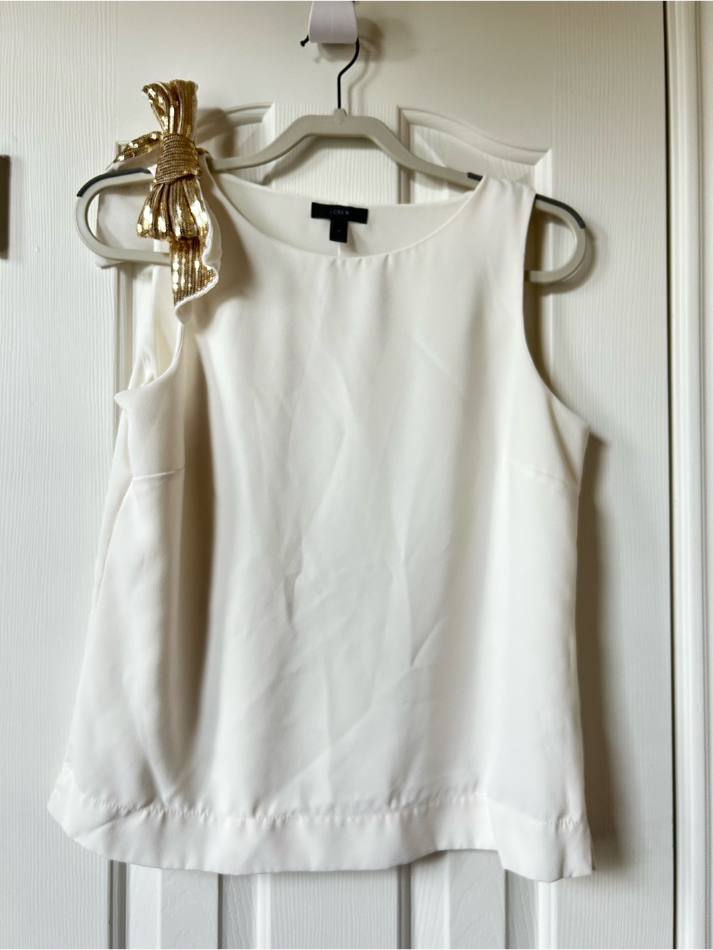 J Crew Sleeveless White Shell Top with Gold Sequin Shoulder Bow Detail - Size 6